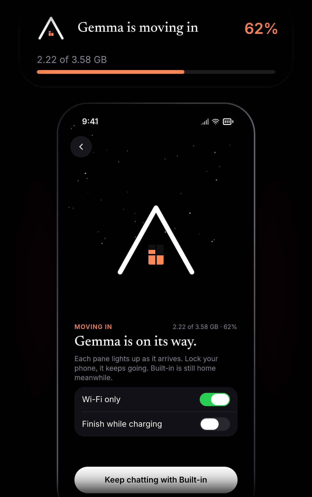 Gemma downloading, shown in the Dynamic Island and on screen as a cabin filling with light.