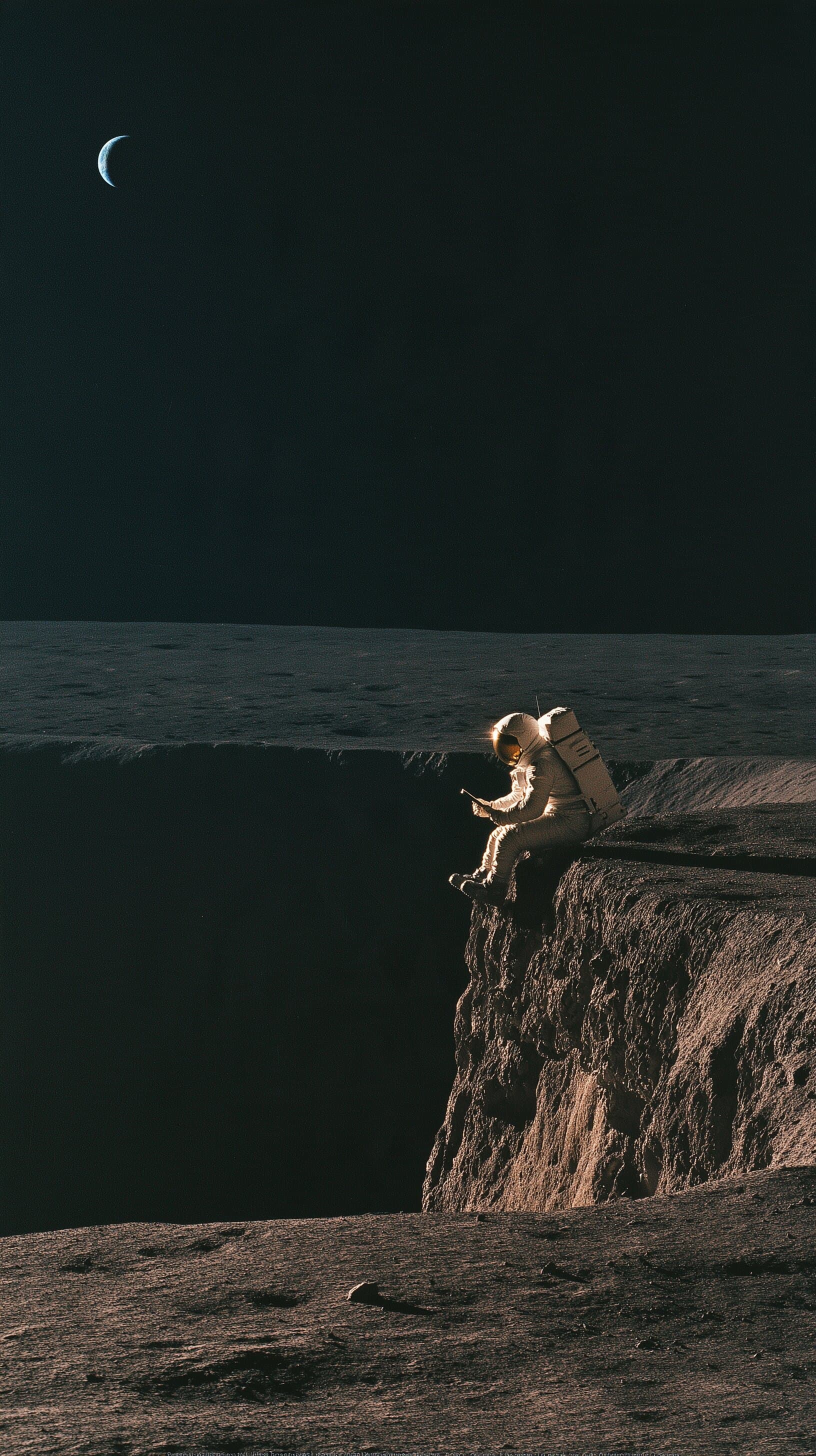 An astronaut sits on the edge of a lunar crater, reading a phone.
